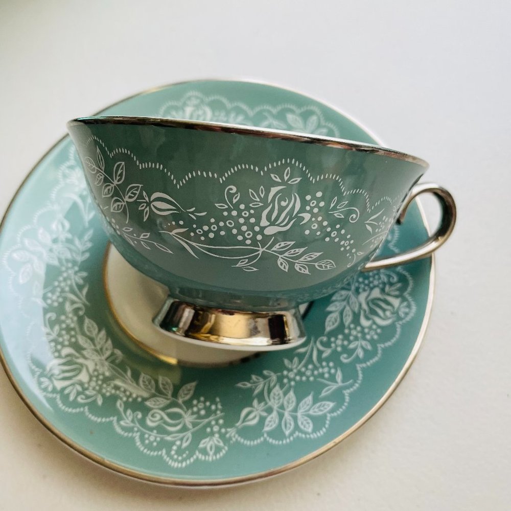 Royal Jackson Bone China Footed Sage Silver Tea Cup & Saucer Set Rare